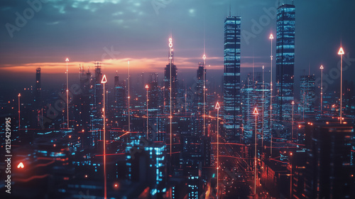 Wallpaper Mural Smart digital Innovation city with connection network reciprocity over the twilight cityscape. of future smart wireless digital city and social media networking systems that connects people with city Torontodigital.ca