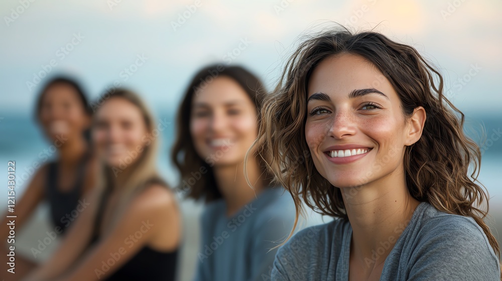 Fototapeta premium A group of friends enjoying a sunny day by the beach with smiles and laughter, embodying joy and connection through shared moments in a picturesque outdoor setting.
