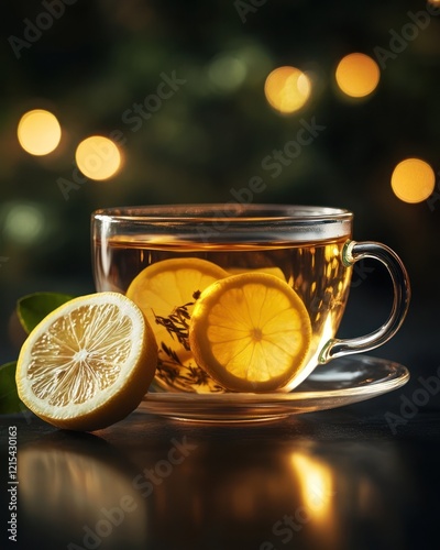 Wallpaper Mural Festive lemon tea, warm drink, dark background, holiday lights Torontodigital.ca