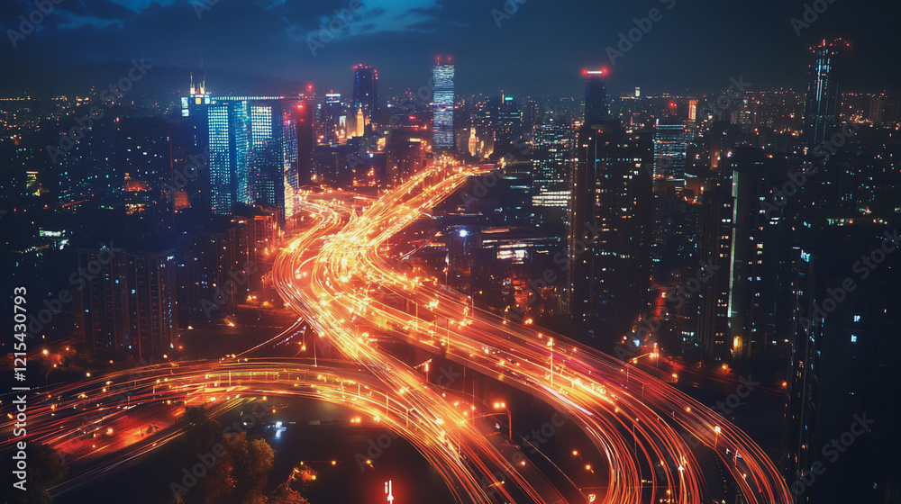 Fototapeta premium Smart digital Innovation city with connection network reciprocity over the twilight cityscape. of future smart wireless digital city and social media networking systems that connects people with city