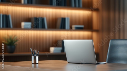 A modern workspace featuring a sleek laptop on a wooden desk, elegantly designed bookshelves in the background, illuminated by warm lighting photo