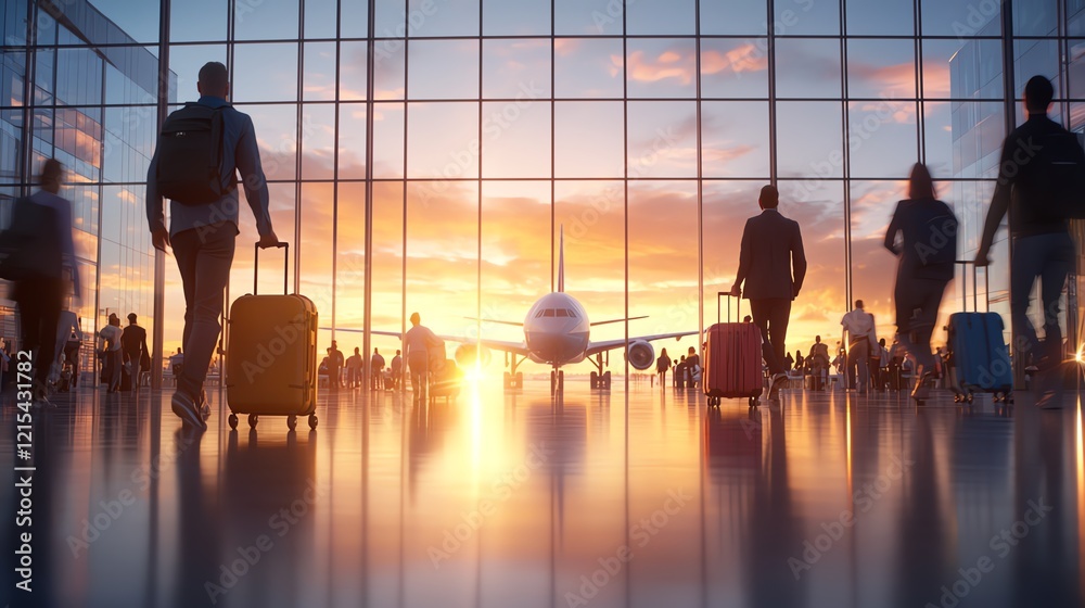 Silhouetted travelers with luggage in an airport terminal at sunset, showcasing a vibrant sky and airplane behind large glass windows, representing the journey and adventure of tra