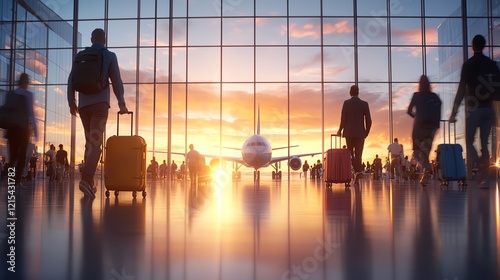 Obraz na płótnie Silhouetted travelers with luggage in an airport terminal at sunset, showcasing a vibrant sky and airplane behind large glass windows, representing the journey and adventure of tra w salonie