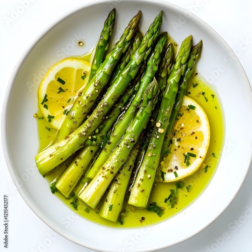 5 steamed asparagus, ensure they're not overcooked, bright and virant green, top down photography, white background photo