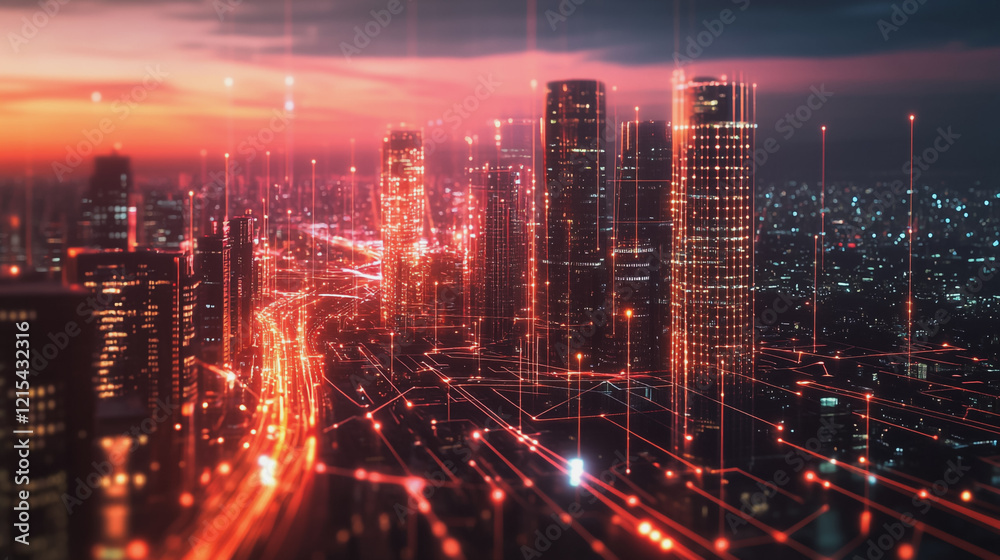 Smart digital Innovation city with connection network reciprocity over the twilight cityscape. of future smart wireless digital city and social media networking systems that connects people with city Smart digital Innovation city with connection network reciprocity over the twilight cityscape. of future smart wireless digital city and social media networking systems that connects people with city