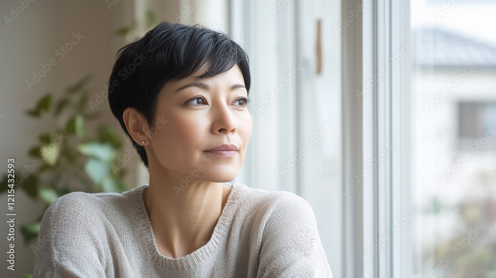 窓際に腰かけて外を眺めるベリーショートの日本人女性の静かな時間 窓際に腰かけて外を眺めるベリーショートの日本人女性の静かな時間