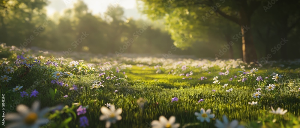 Fototapeta premium Serene Sunrise Meadow Blooming Wildflowers in a Sunlit Forest