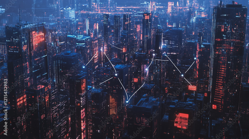 Obraz premium Smart digital Innovation city with connection network reciprocity over the twilight cityscape. of future smart wireless digital city and social media networking systems that connects people with city