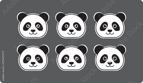 Cute Panda Face Vector Set - Black and White Minimalist Icons for Graphic Design Projects
