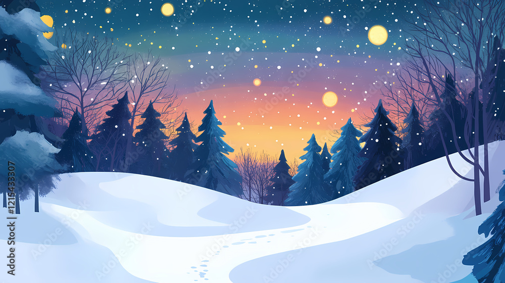 Vivid auroras illuminate a snowy forest beneath a starry night. Arctic Glow. Illustration