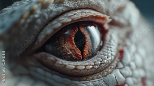 A reptilian eye stares intensely, revealing intricate scales and a captivating, primal gaze, emphasizing raw, untamed beauty and detailed textures. photo