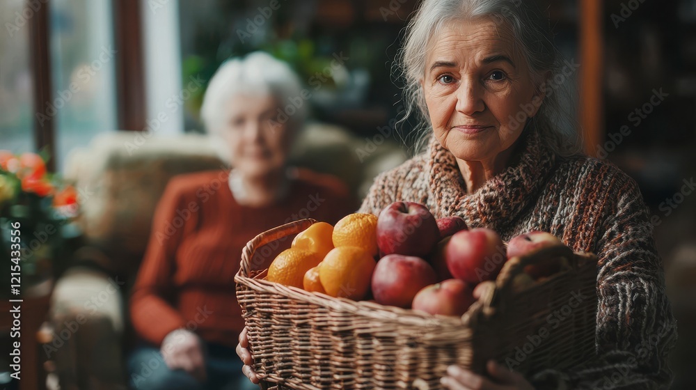 An elderly woman presents a basket of apples in an inviting atmosphere, symbolizing the joy of sharing fresh produce and the generational bond between her and a younger presence. An elderly woman presents a basket of apples in an inviting atmosphere, symbolizing the joy of sharing fresh produce and the generational bond between her and a younger presence.