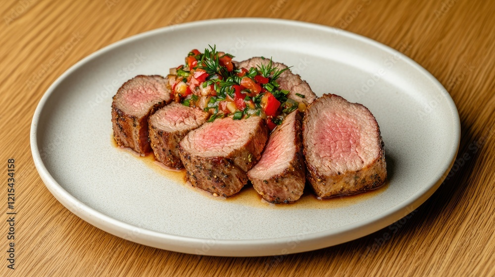 Deliciously cooked beef tenderloin served on a white plate with fresh salsa and herbs in a modern restaurant setting Deliciously cooked beef tenderloin served on a white plate with fresh salsa and herbs in a modern restaurant setting