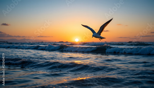 Silhouettes of birds, an atmospheric place, the silhouette of a seagull flying over calm ocean waves, the colors of sunrise with soft reflections on the water,  , copy space