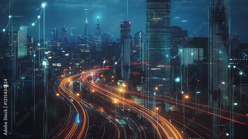 Naklejka premium Smart digital Innovation city with connection network reciprocity over the twilight cityscape. of future smart wireless digital city and social media networking systems that connects people with city