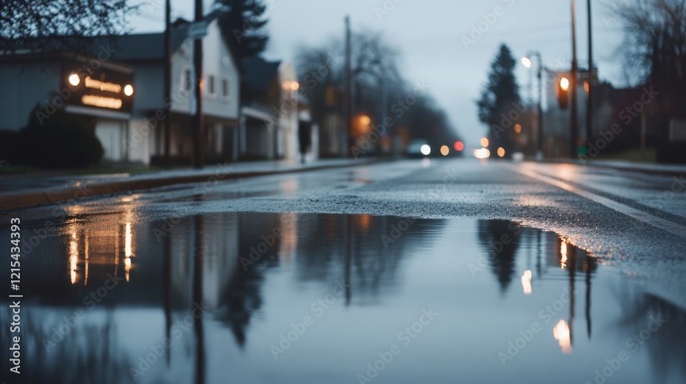Fototapeta premium Rain-dappled streets reflect the soft glow of distant lights, capturing the mood of a tranquil town just before dusk, where solitude meets reflection.