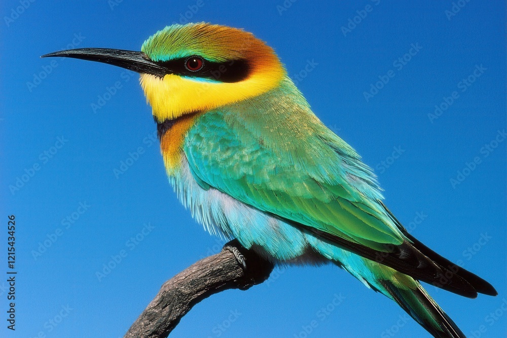 A rainbow bee-eater perched on a branch, its iridescent feathers catching the sunlight in Kakadu National Park A rainbow bee-eater perched on a branch, its iridescent feathers catching the sunlight in Kakadu National Park