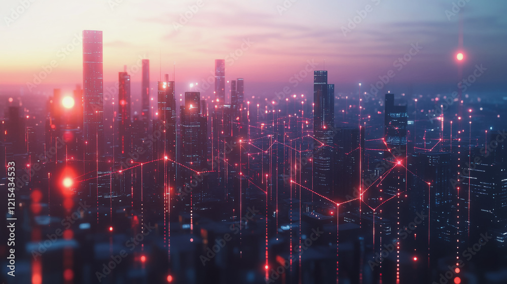 Smart digital Innovation city with connection network reciprocity over the twilight cityscape. of future smart wireless digital city and social media networking systems that connects people with city Smart digital Innovation city with connection network reciprocity over the twilight cityscape. of future smart wireless digital city and social media networking systems that connects people with city