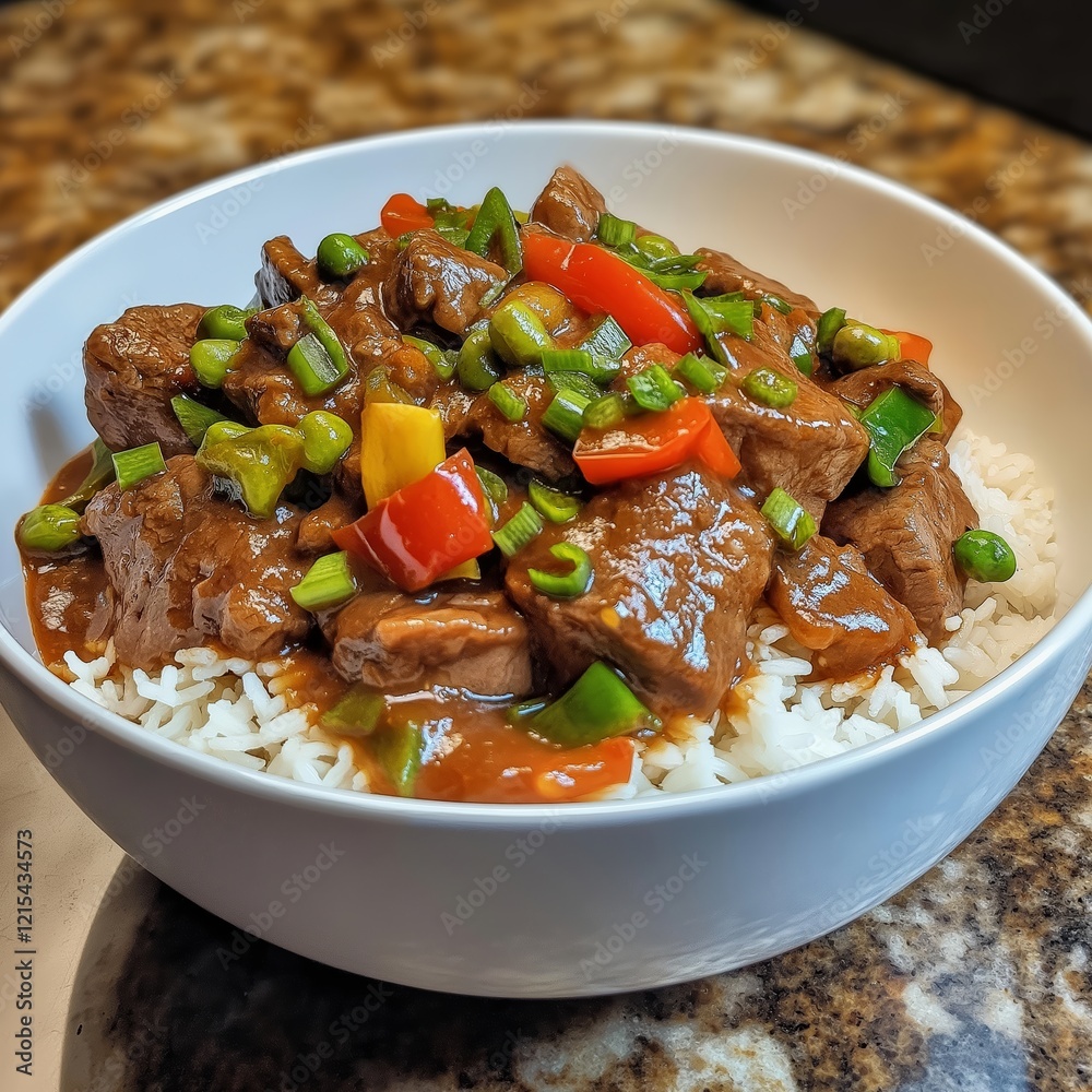 Delicious Beef Stir-Fry with Rice in a White Bowl Delicious Beef Stir-Fry with Rice in a White Bowl