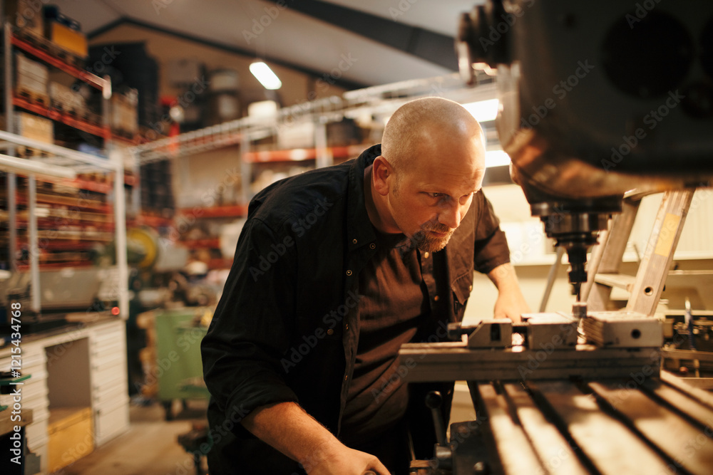 Mechanic working on precision machinery in workshop Mechanic working on precision machinery in workshop