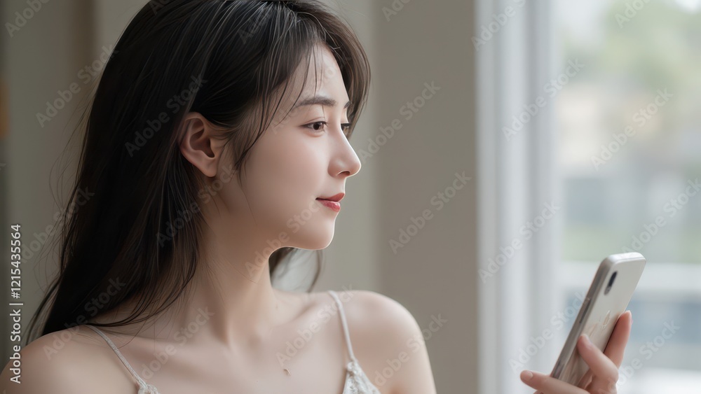 Serene Young Woman Browsing Her Smartphone by the Window Serene Young Woman Browsing Her Smartphone by the Window