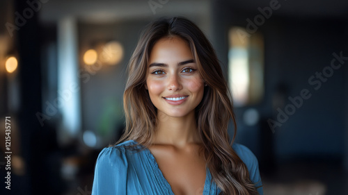 Wallpaper Mural Portret kobiety, atrakcyjna bizneswoman około trzydziestki stoi na korytarzu firmy, redakcji, korporacji. Tło jest rozmyte, dużo przestrzeni w której można umieścić napisy, grafika pod baner. Torontodigital.ca