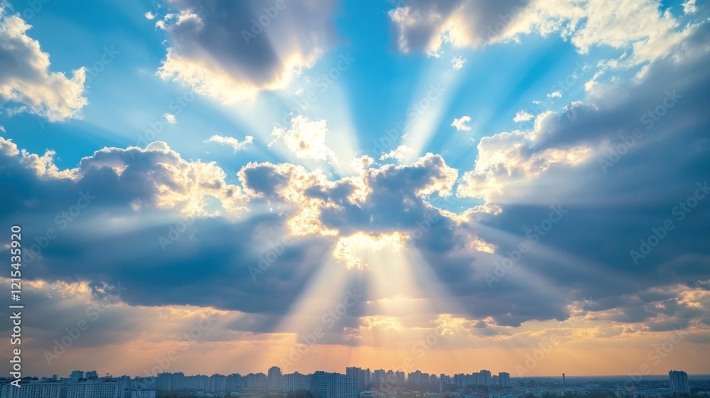 Heavenly Rays: A Cityscape Sunset Bathed in Golden Light Heavenly Rays: A Cityscape Sunset Bathed in Golden Light