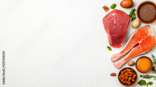 Fototapeta Naklejka Na Ścianę i Meble -  Fresh meat, salmon, eggs, nuts, and spices on white background