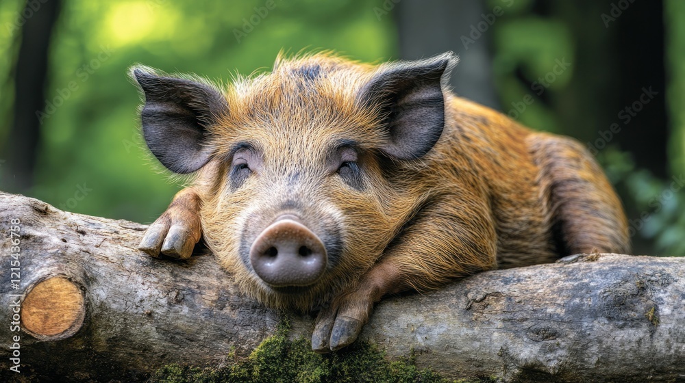 Forest piglet naps on log, green background, wildlife Forest piglet naps on log, green background, wildlife