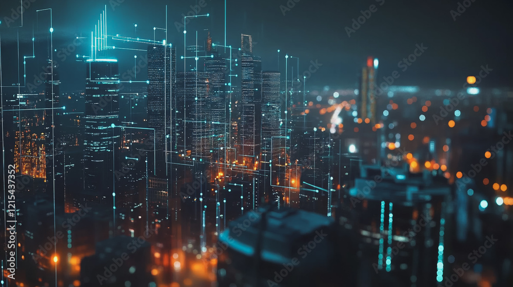 Fototapeta premium Smart digital Innovation city with connection network reciprocity over the twilight cityscape. of future smart wireless digital city and social media networking systems that connects people with city