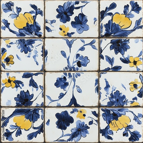 Tile with a blue and yellow flower pattern