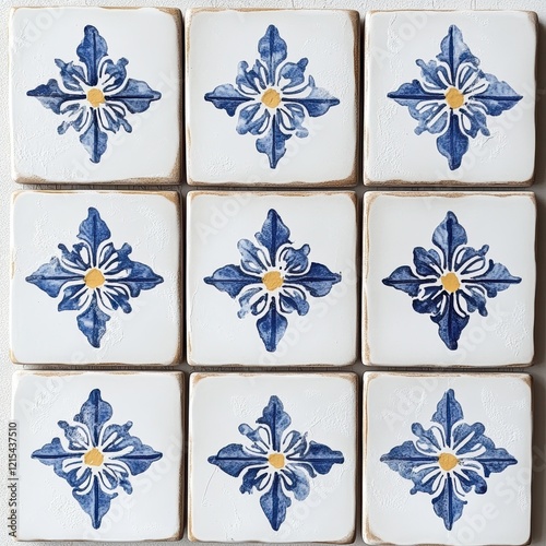 Set of blue and white tiles with a flower design