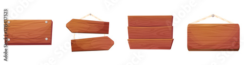 Wood plank hanging signboard frame wooden texture game signpost, farm garden or jungle pointing panel. Set menu ui design. Outdoor empty textured arrow