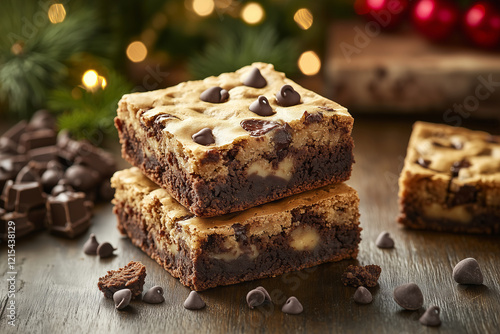 Indulgent chocolate chip brookies stacked on a rustic wooden table photo