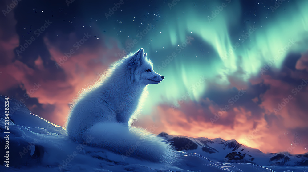 Arctic fox sitting under the aurora borealis at an arctic sunset. gorgeous backdrop of nature. Arctic Glow. Illustration Arctic fox sitting under the aurora borealis at an arctic sunset. gorgeous backdrop of nature. Arctic Glow. Illustration