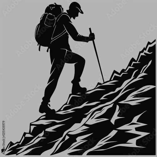 a hiker walking up a rocky slope silhouette vector design art and illastration