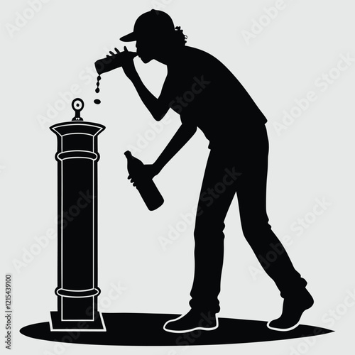 a person drinking water from a fountain silhouette vector design art and illustration