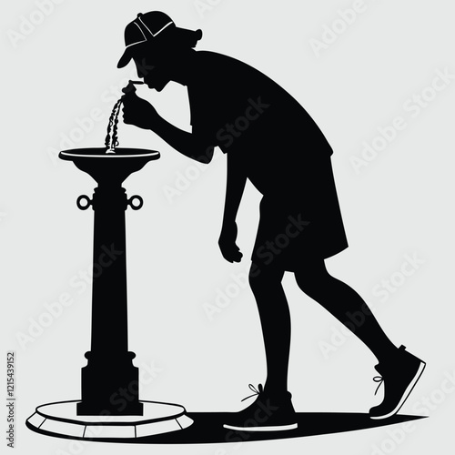 a person drinking water from a fountain silhouette vector design art and illustration