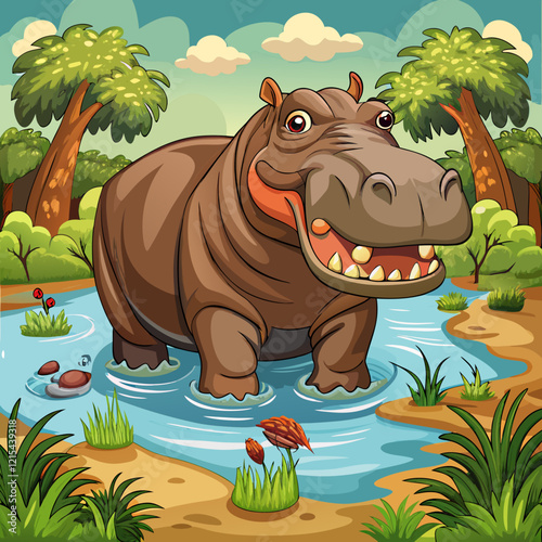 Hippopotamus: A large, mostly herbivorous mammal large mouth, and short legs in river.