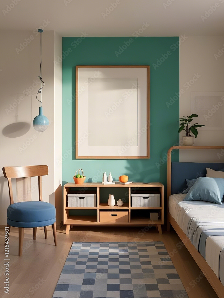 Blank Frame mockup. blue and cyan color kid's bedroom. 3d cartoon interior design. 3D render 300dpi Blank Frame mockup. blue and cyan color kid's bedroom. 3d cartoon interior design. 3D render 300dpi