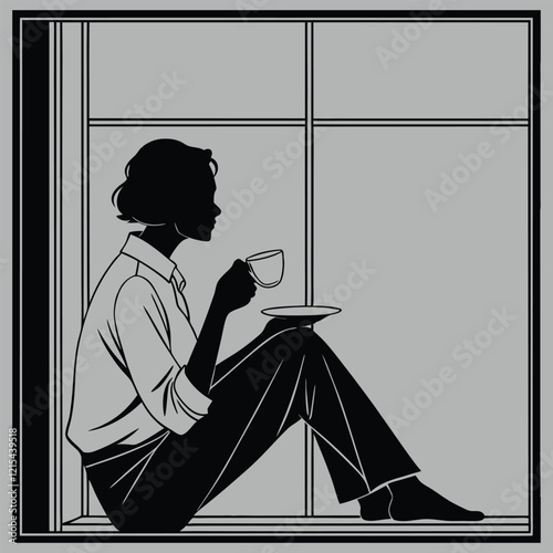 a person sipping tea by the window silhouette vector design art and illustration
