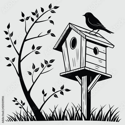 birdhouse on a wooden pole silhouette vector design art and illustration