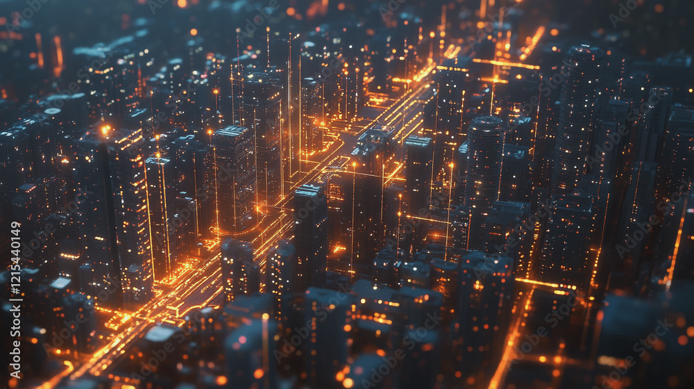 Fototapeta premium Smart digital Innovation city with connection network reciprocity over the twilight cityscape. of future smart wireless digital city and social media networking systems that connects people with city