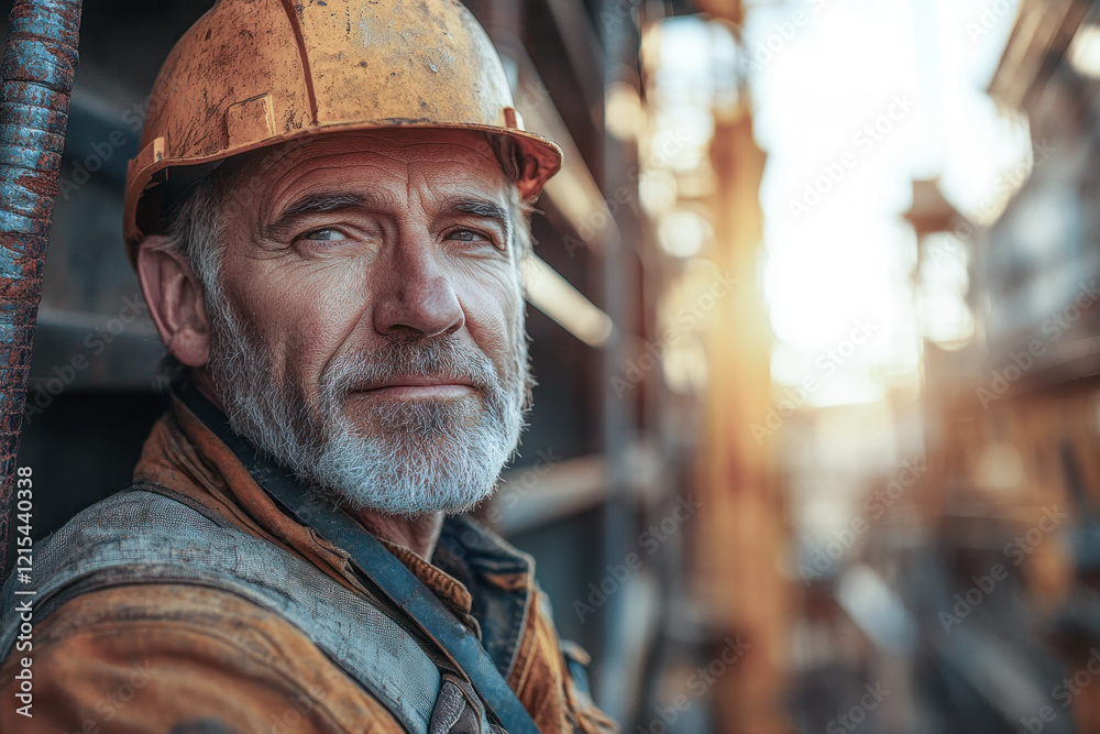 An older construction worker stands confidently at a busy construction site, wearing a helmet and a work jacket. The warm glow of sunset highlights his features as he surveys the activity around him An older construction worker stands confidently at a busy construction site, wearing a helmet and a work jacket. The warm glow of sunset highlights his features as he surveys the activity around him