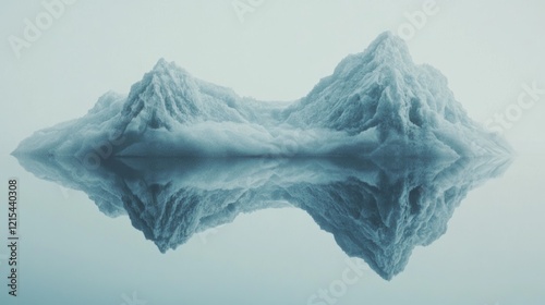 An iceberg's inverted reflection forms a mirror image, blending into a seamless horizon under soft, diffused light. photo