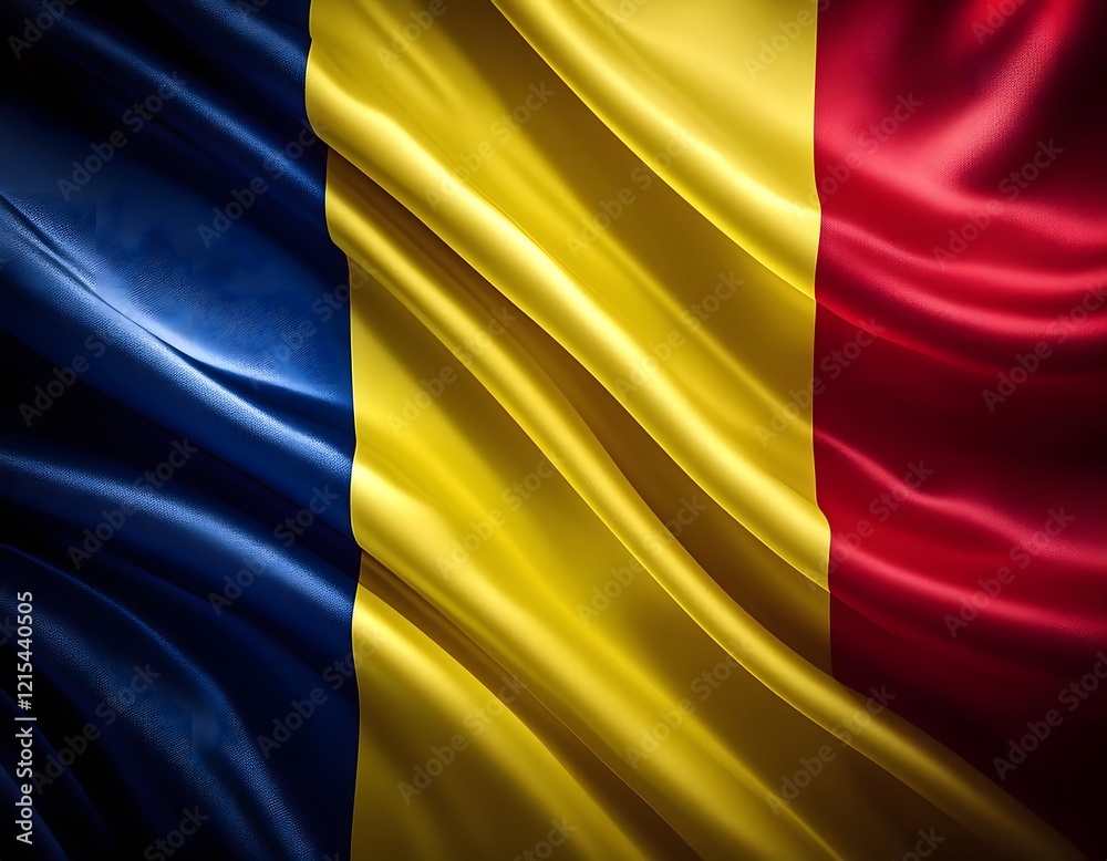 Obraz premium Vibrant Romania flag waving with luxurious satin texture - Patriotic and cultural symbol