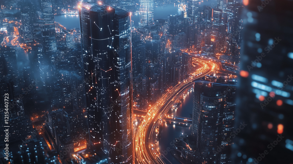 Obraz premium Smart digital Innovation city with connection network reciprocity over the twilight cityscape. of future smart wireless digital city and social media networking systems that connects people with city