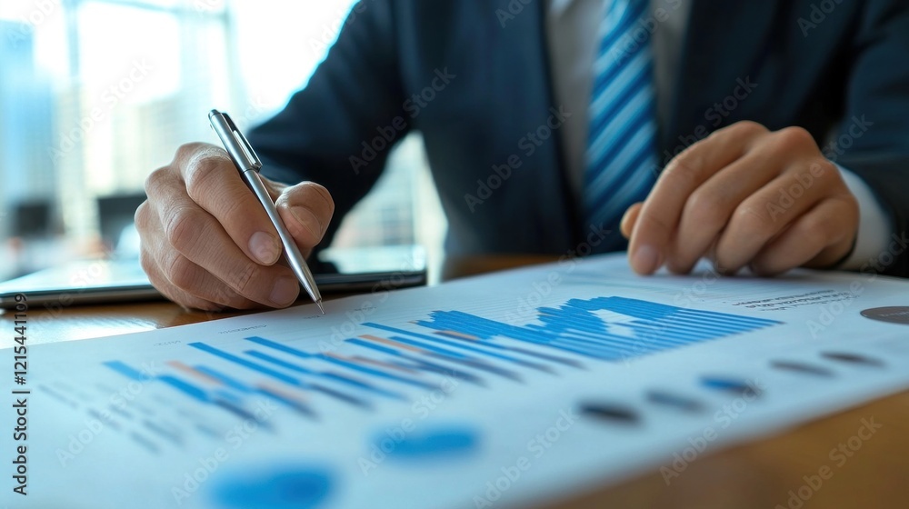 A professional in a suit analyzes financial data and charts on paper. Various graphs are displayed, indicating trends and statistics relevant to investment strategies in Japan A professional in a suit analyzes financial data and charts on paper. Various graphs are displayed, indicating trends and statistics relevant to investment strategies in Japan
