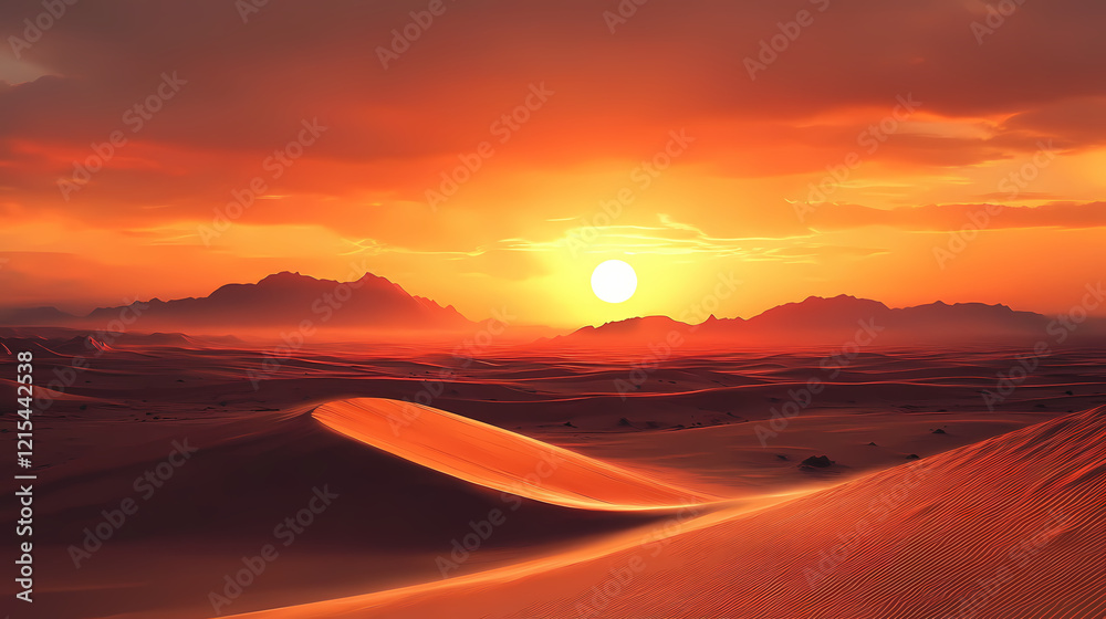 Rolling sand dunes under blazing sun in desert landscape. Blazing Horizon. Illustration Rolling sand dunes under blazing sun in desert landscape. Blazing Horizon. Illustration