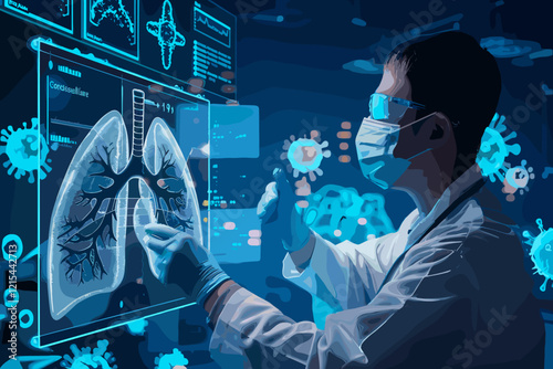 Doctor using robotics to diagnose and research virtual human lungs affected by Covid-19, showcasing medical innovation in a laboratory setting.